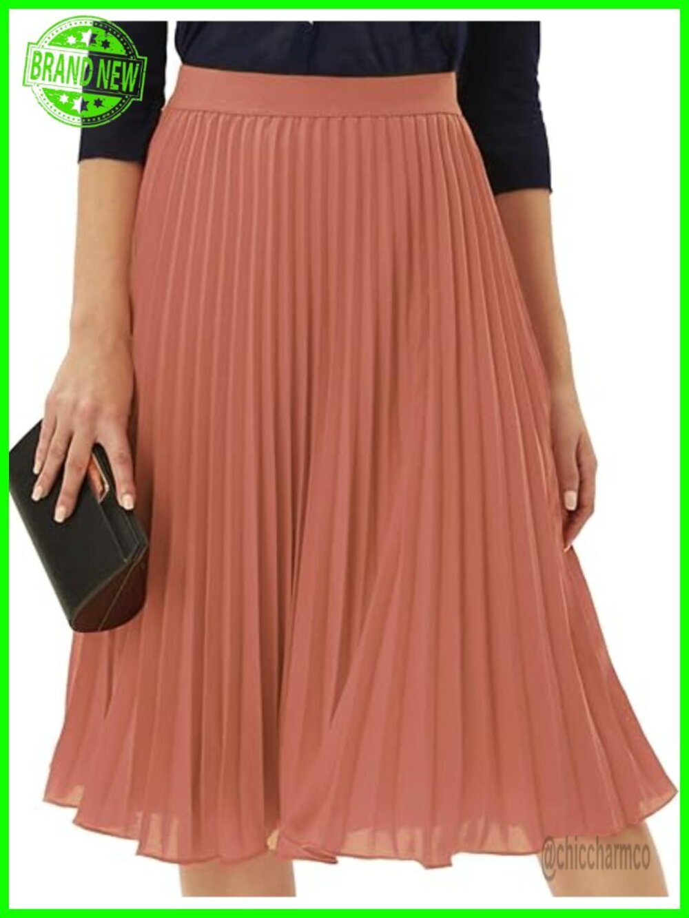 Pleated Midi Skirt, Chiffon Elastic High Waist A-Line Swing Flare